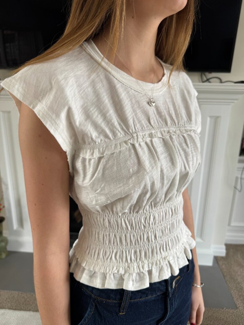 White Cotton TShirt with Elastic Waist & Detail - Picture 11 of 13